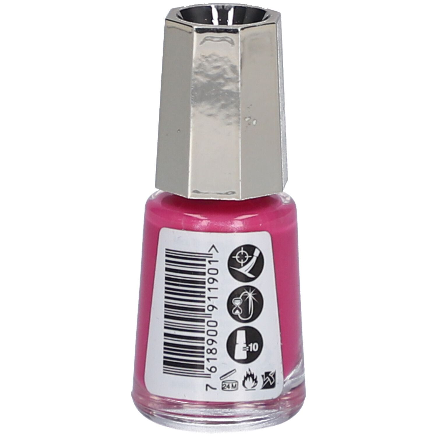 Nagellackflasche, pinke Farbe. Silberfarbener Deckel. Rückseite mit Barcode und Symbolen.