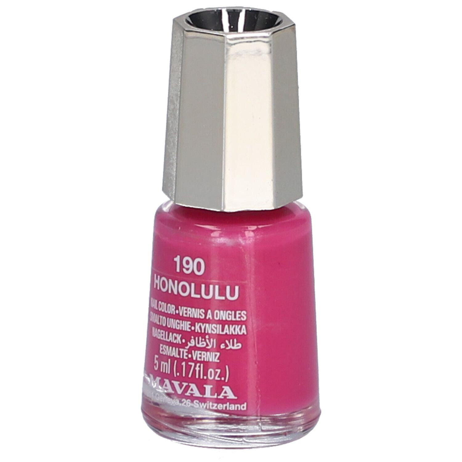 Nagellackflasche, pinke Farbe. Silberfarbener Deckel. Aufschrift: 190 HONOLULU, Nail Color, 5 ml. Marke: MAVALA.