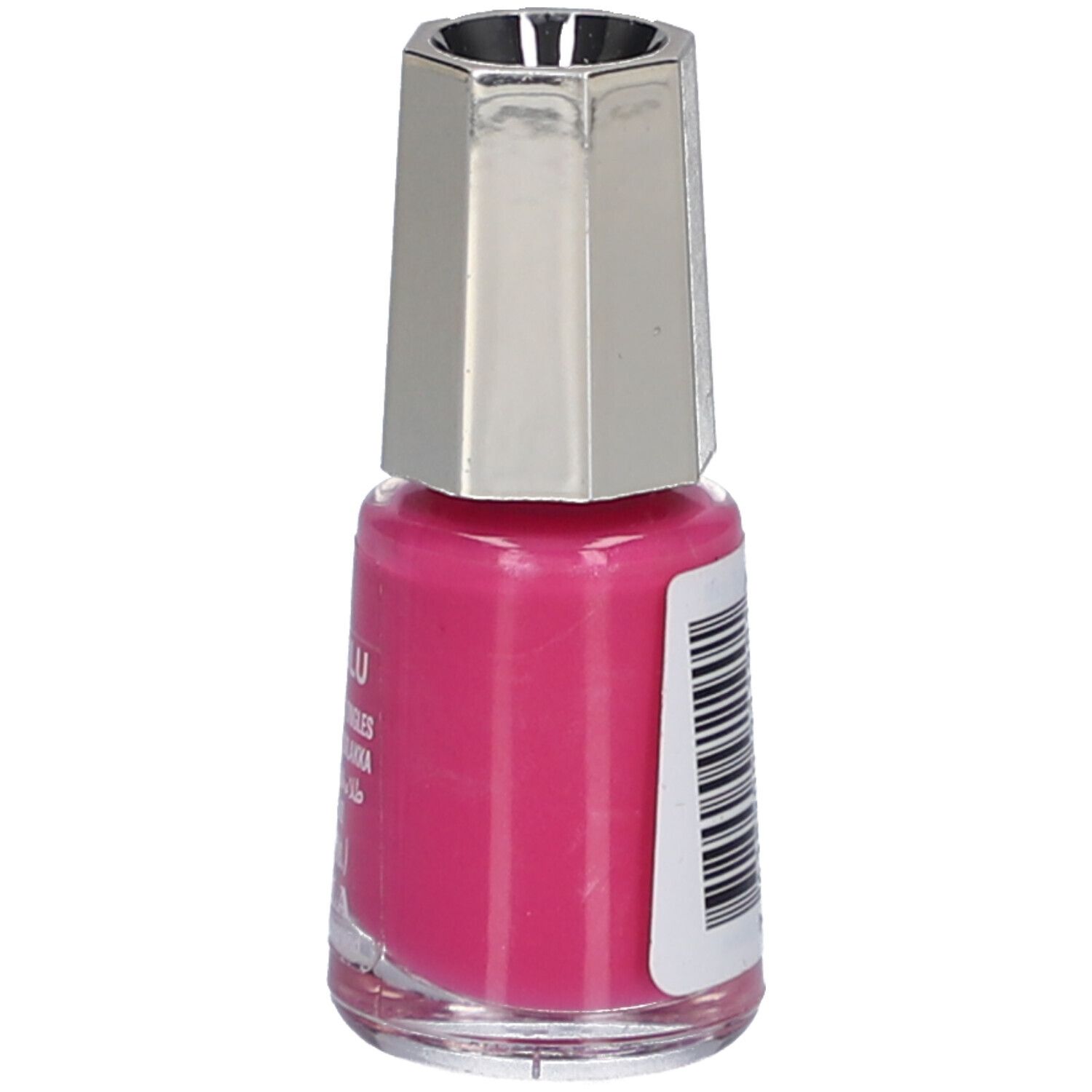 Nagellackflasche, pinke Farbe. Silberfarbener Deckel. Rückseite mit Barcode.