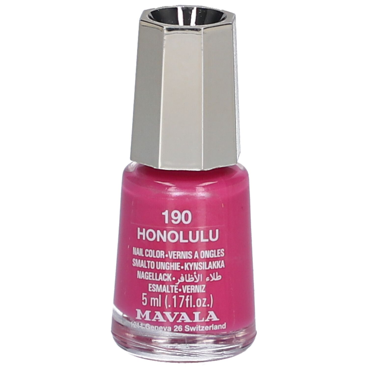 Nagellackflasche, pinke Farbe. Silberfarbener Deckel. Aufschrift: 190 HONOLULU, Nail Color, 5 ml. Marke: MAVALA.