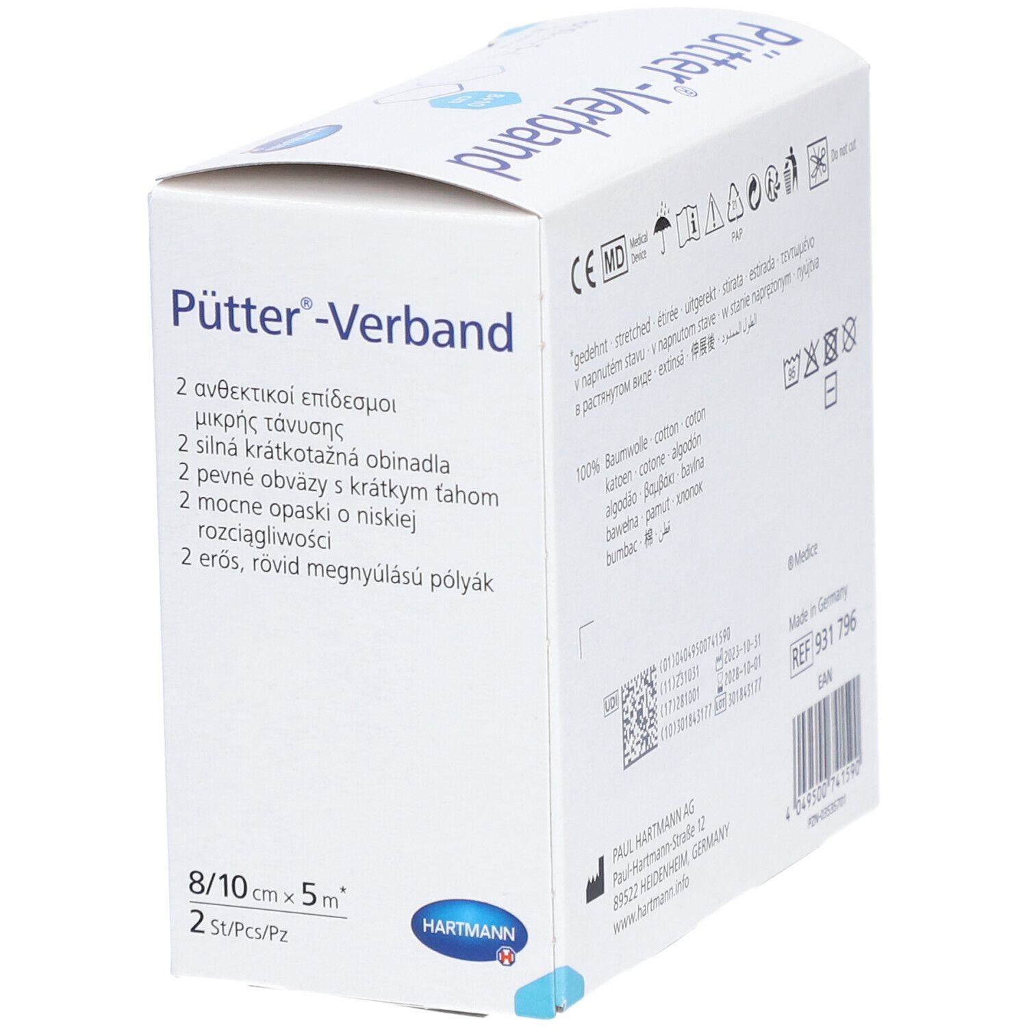 Verpackung mit zwei Kompressionsbinden. Aufschrift: Pütter-Verband, 8/10 cm x 5 m. Marke: HARTMANN. Rückseite.