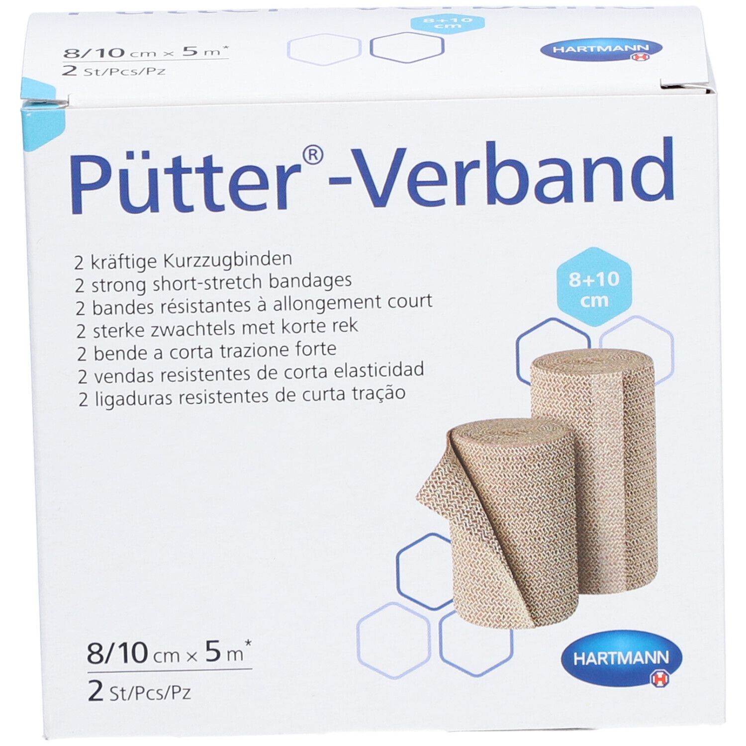 Verpackung mit zwei Kompressionsbinden. Aufschrift: Pütter-Verband, 8/10 cm x 5 m. Marke: HARTMANN. Zwei Bandagen sichtbar.