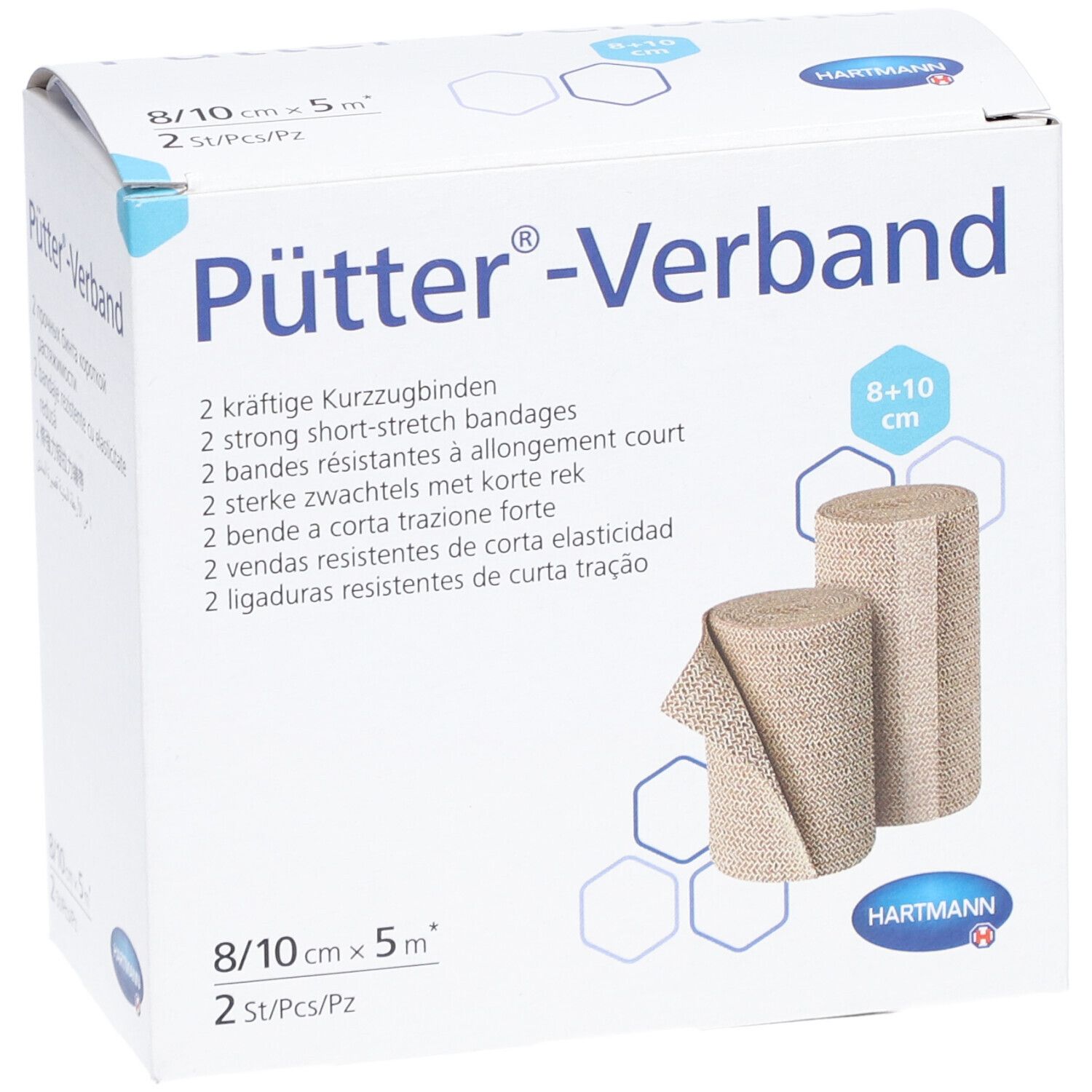 Verpackung mit zwei Kompressionsbinden. Aufschrift: Pütter-Verband, 8/10 cm x 5 m. Marke: HARTMANN. Zwei Bandagen sichtbar.