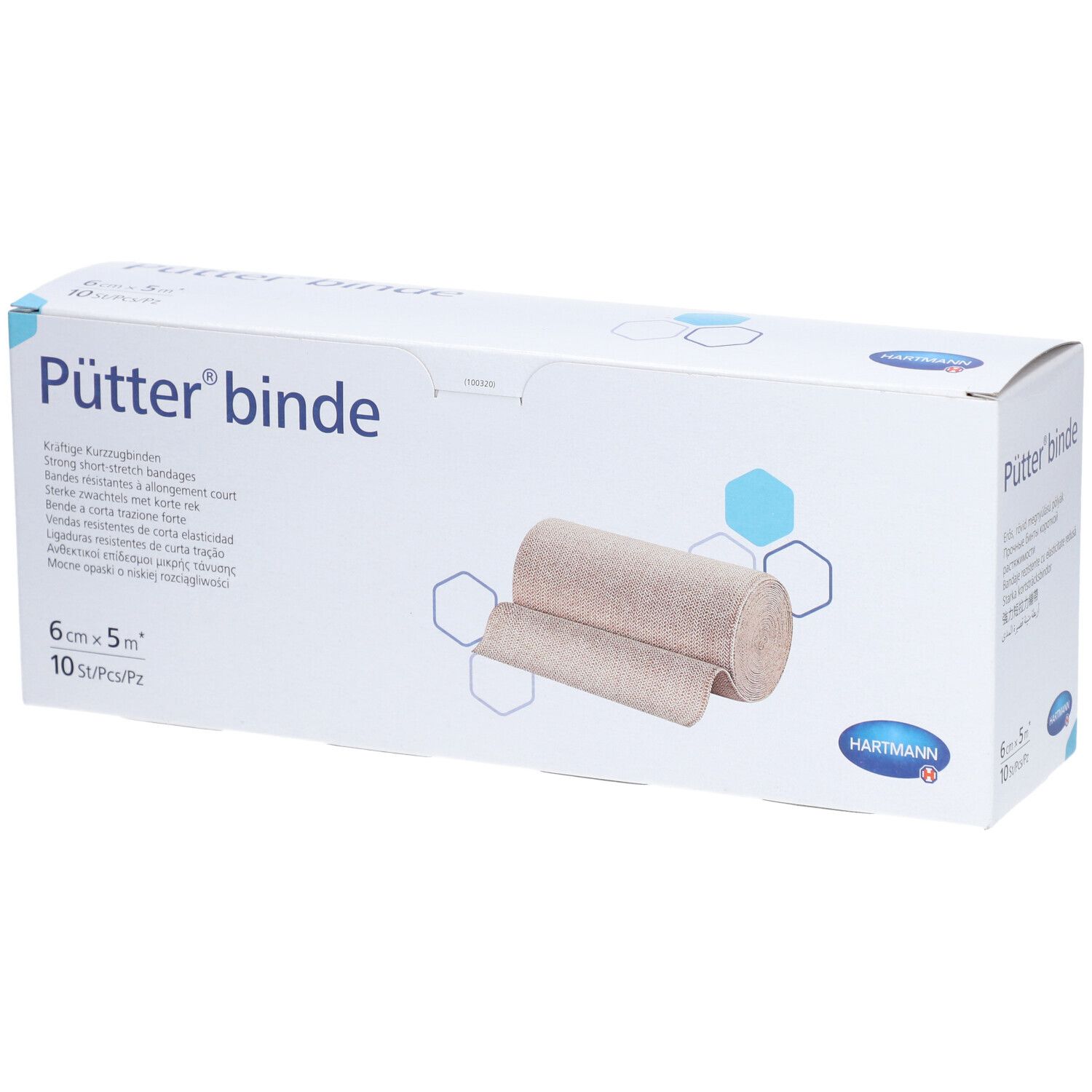 Pütter® binde-Verpackung. Beige Kompressionsbinde, 6 cm x 5 m. Hartmann-Logo. 10 Stück pro Packung.