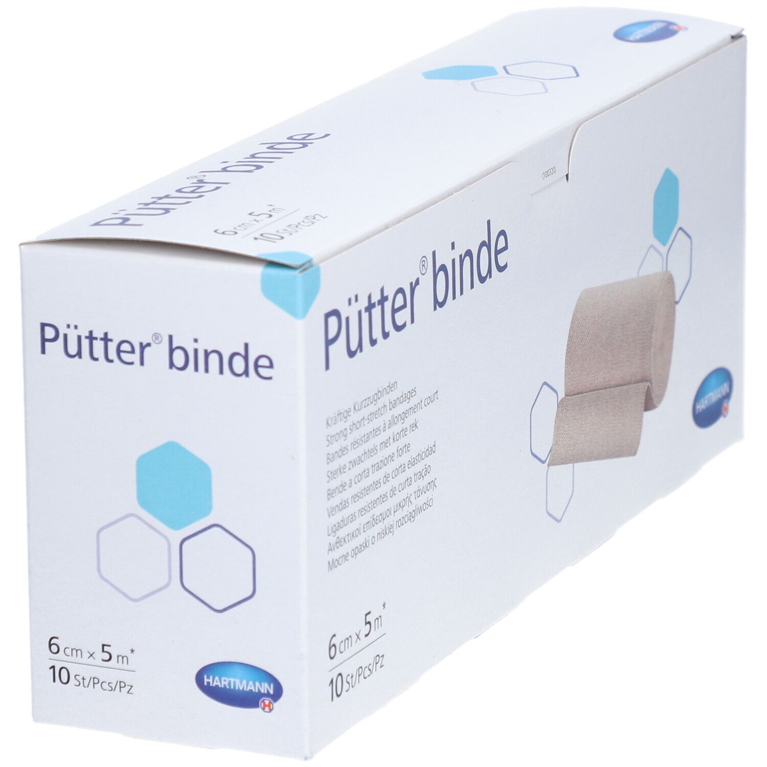 Pütter® binde-Verpackung. Beige Kompressionsbinde, 6 cm x 5 m. Hartmann-Logo. 10 Stück pro Packung.