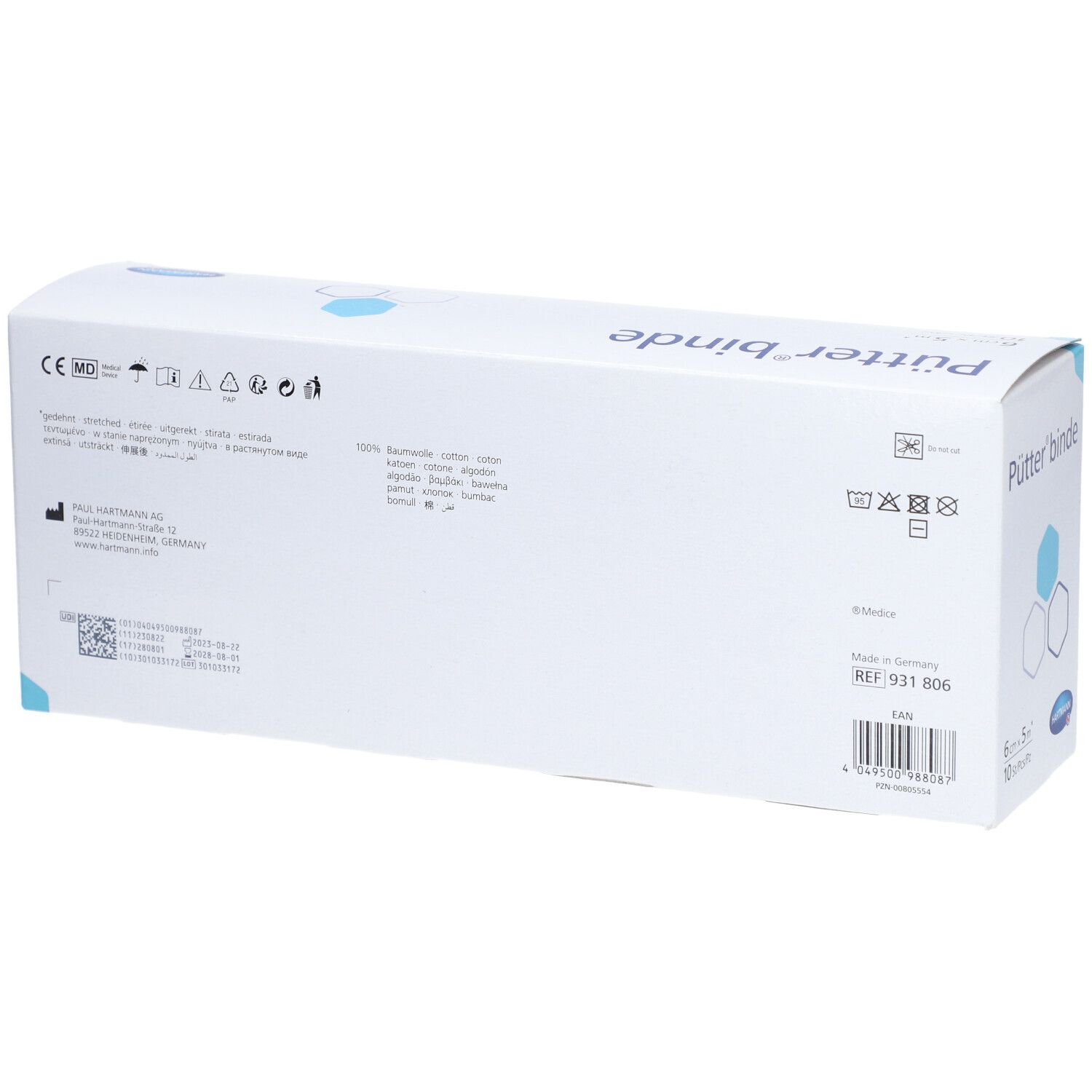 Rückseite der Pütter® binde-Verpackung. Informationen, Logos und Chargennummer. Hergestellt in Deutschland.