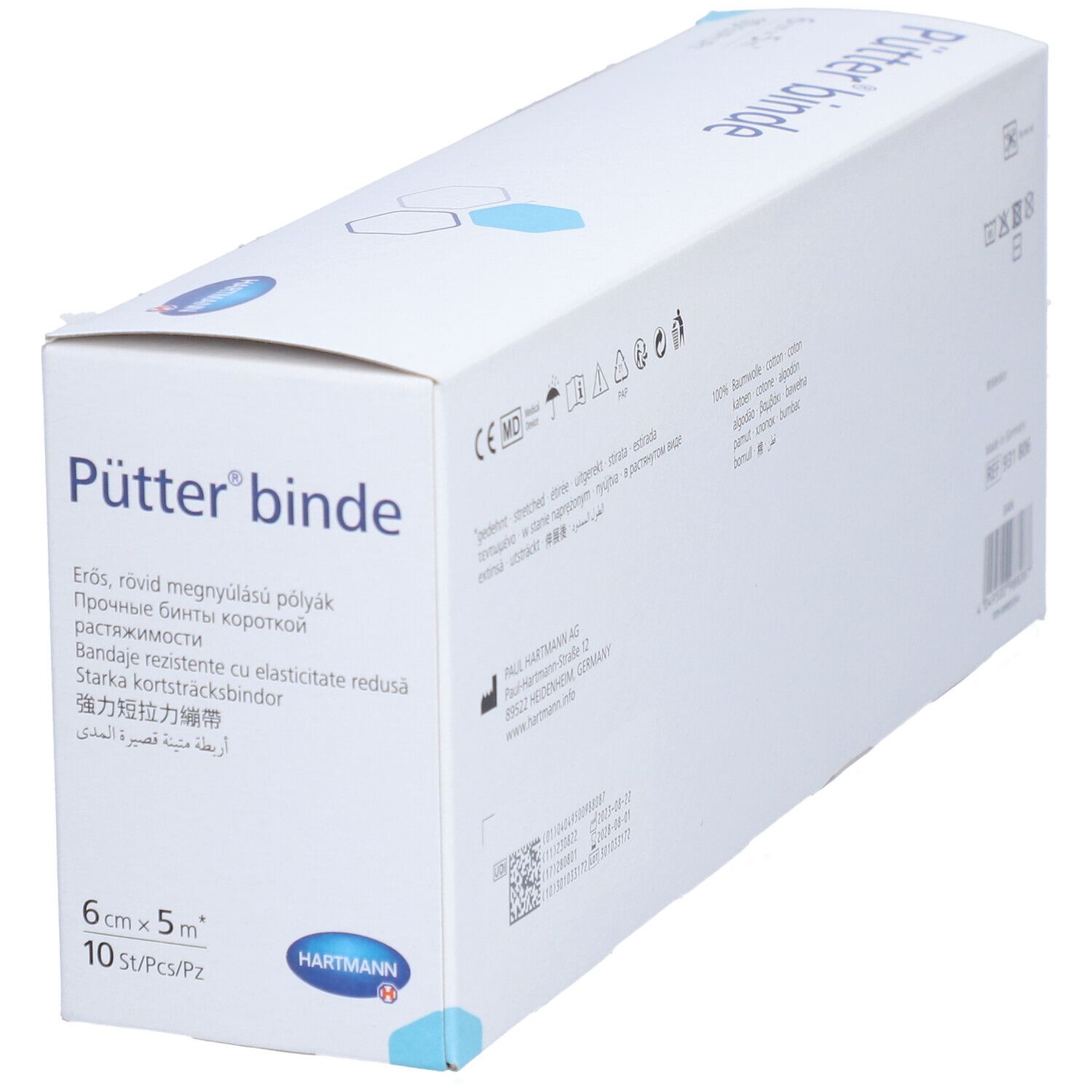 Pütter® binde-Verpackung. Beige Kompressionsbinde, 6 cm x 5 m. Hartmann-Logo. 10 Stück pro Packung.