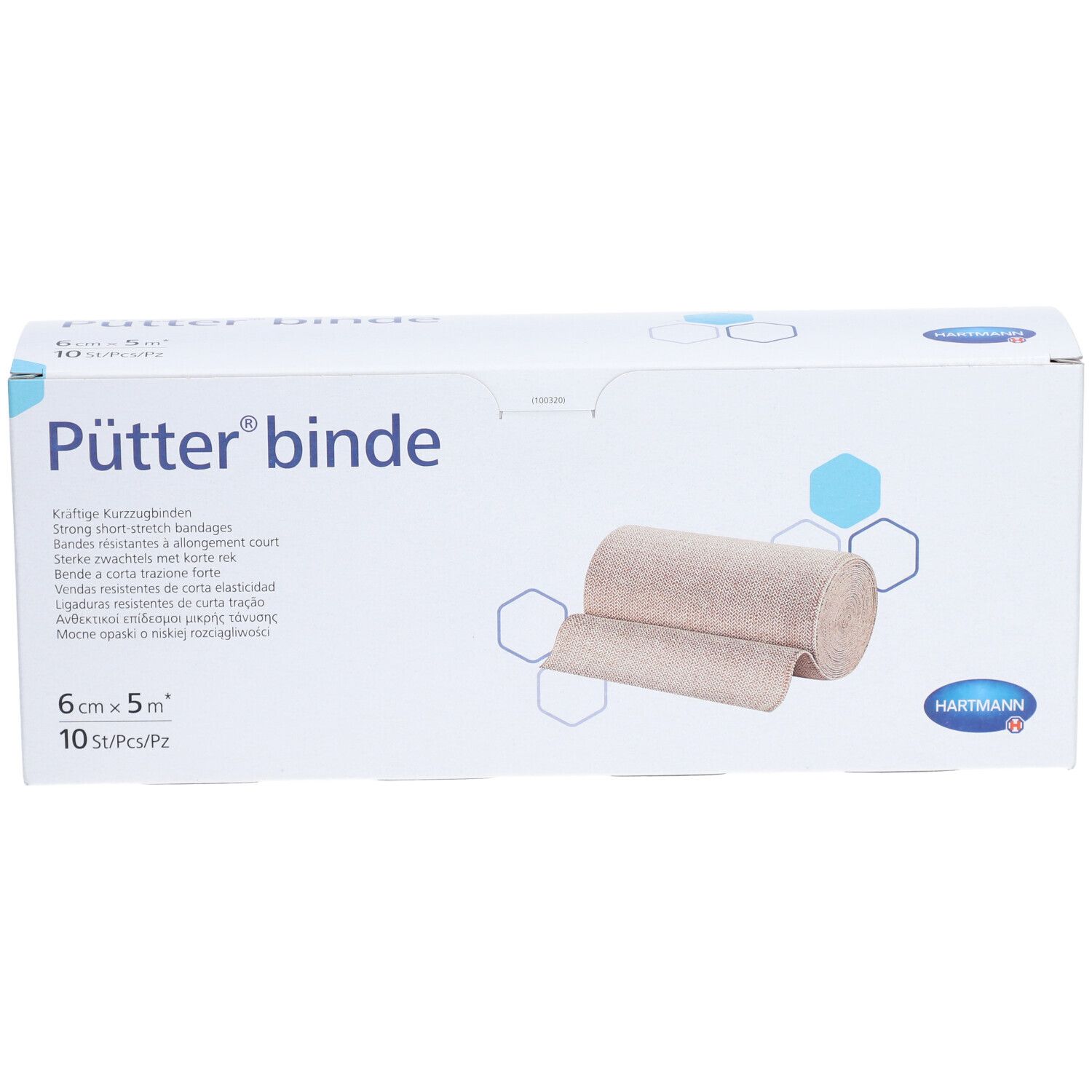 Pütter® binde-Verpackung. Beige Kompressionsbinde, 6 cm x 5 m. Hartmann-Logo. 10 Stück pro Packung.