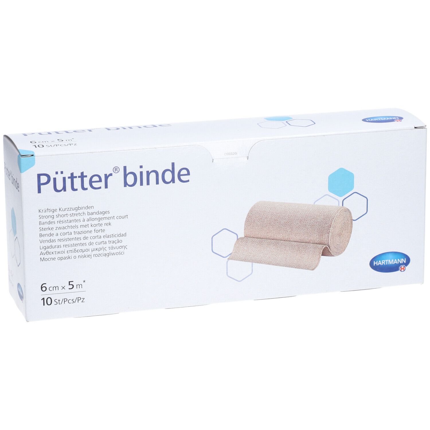 Pütter® binde-Verpackung. Beige Kompressionsbinde, 6 cm x 5 m. Hartmann-Logo. 10 Stück pro Packung.