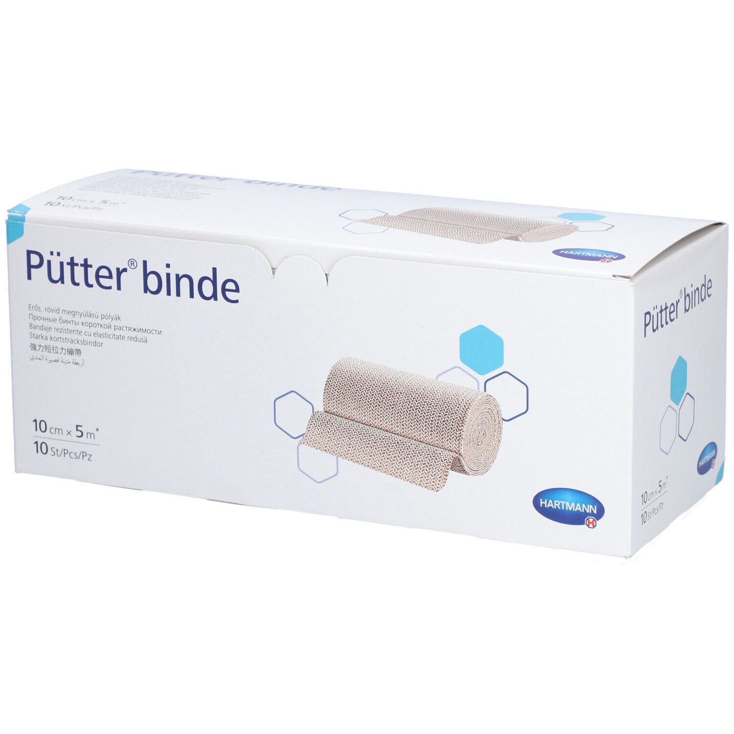 Verpackung mit Pütter® binde. 10 cm x 5 m. 10 Stück. Beige Kompressionsbinde abgebildet. Hartmann Logo.