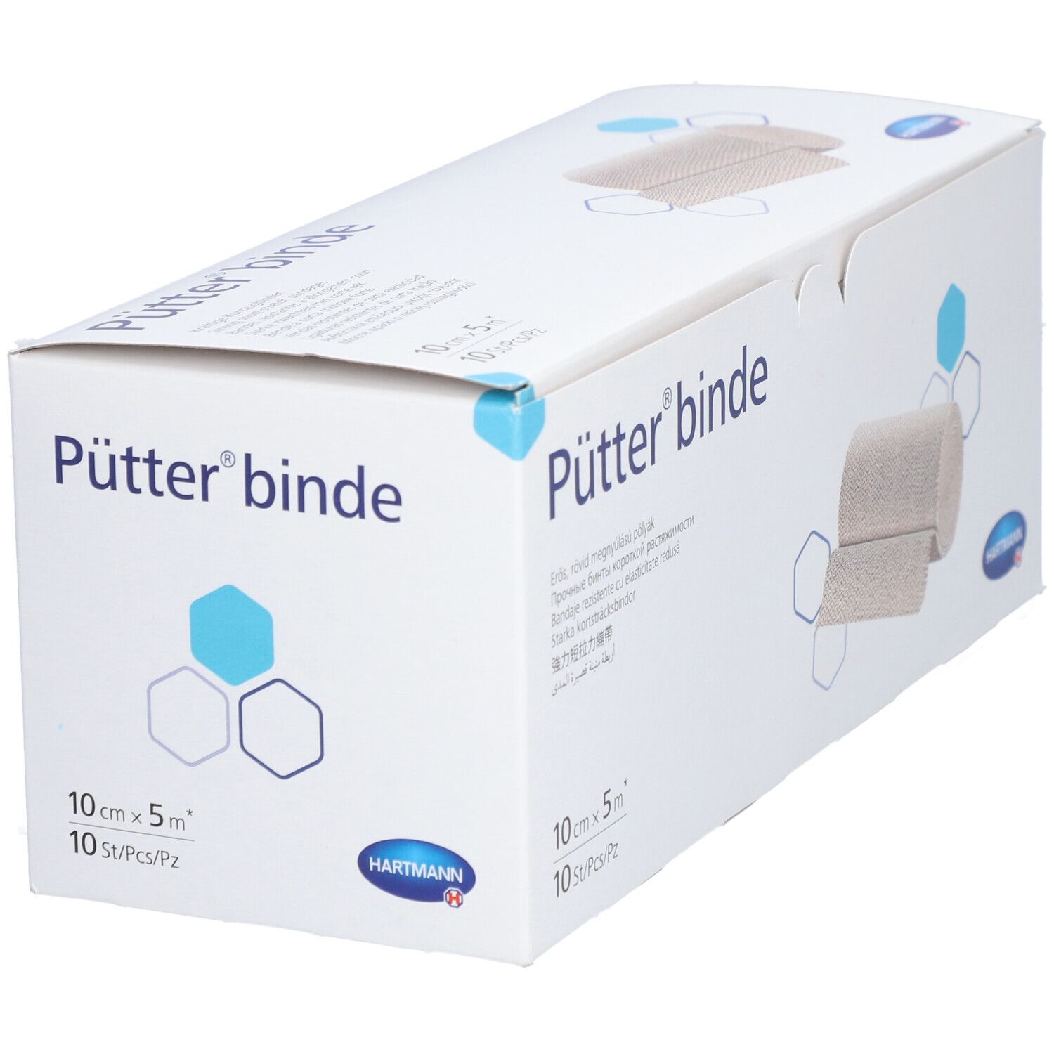 Verpackung von Pütter® binde. 10 cm x 5 m. 10 Stück. Beige Kompressionsbinde abgebildet. Hartmann Logo.