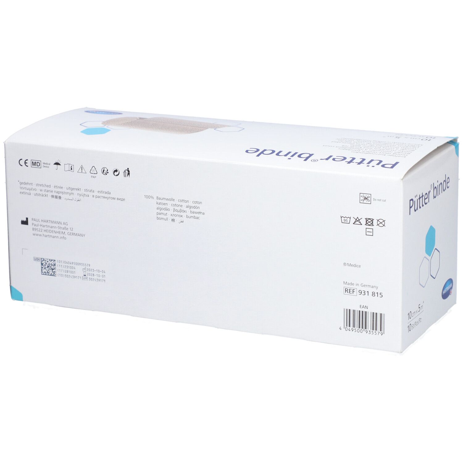Rückseite der Verpackung von Pütter® binde. Informationen und Symbole. Hergestellt in Deutschland. Hartmann Logo.
