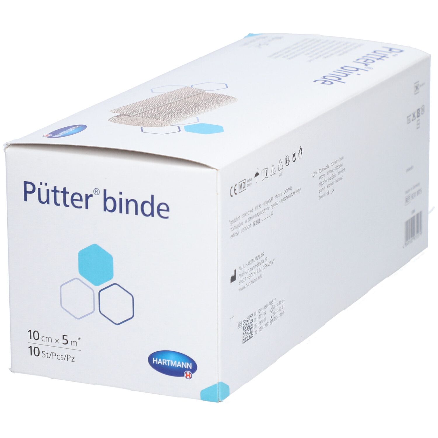 Verpackung von Pütter® binde. 10 cm x 5 m. 10 Stück. Beige Kompressionsbinde abgebildet. Hartmann Logo.