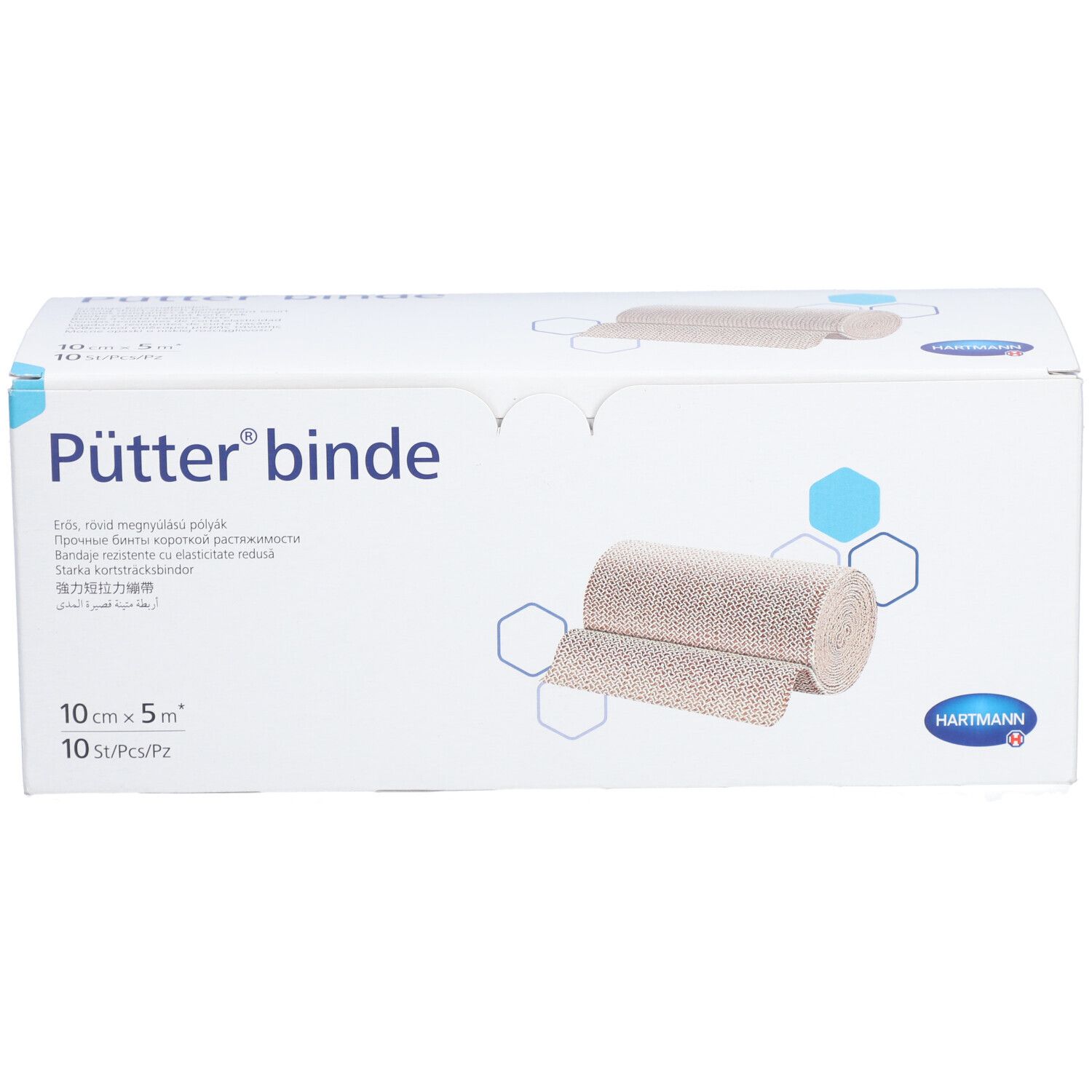Verpackung mit Pütter® binde. 10 cm x 5 m. 10 Stück. Beige Kompressionsbinde abgebildet. Hartmann Logo.