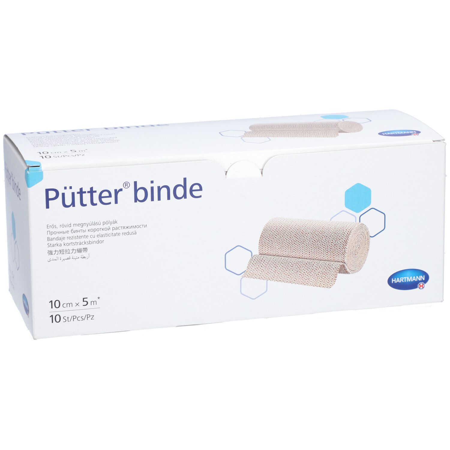 Verpackung mit Pütter® binde. 10 cm x 5 m. 10 Stück. Beige Kompressionsbinde abgebildet. Hartmann Logo.