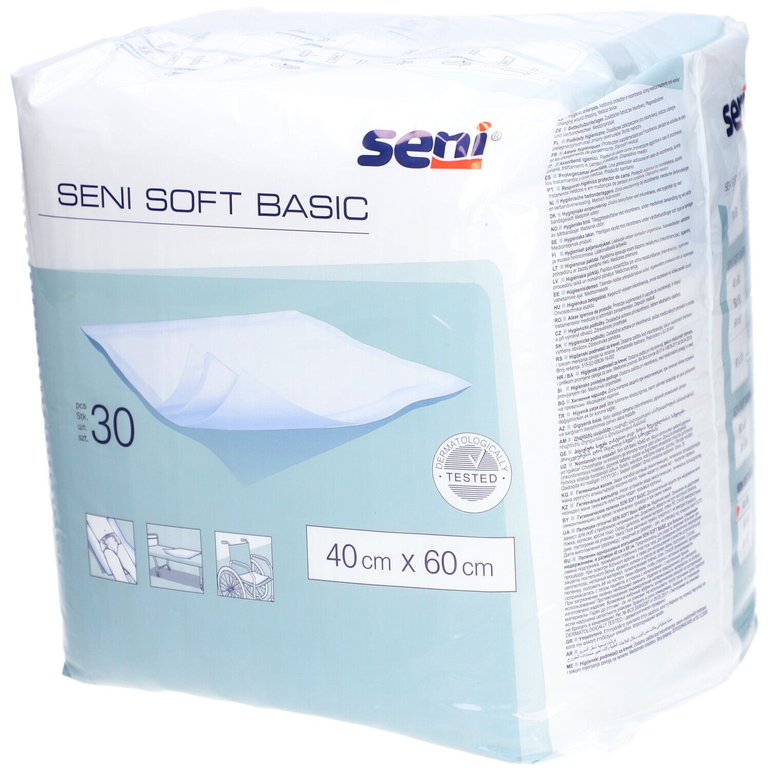 Verpackung Seni Soft Basic Krankenunterlagen. 30 Stück, 40 x 60 cm. Mit Logo und Zertifizierung.