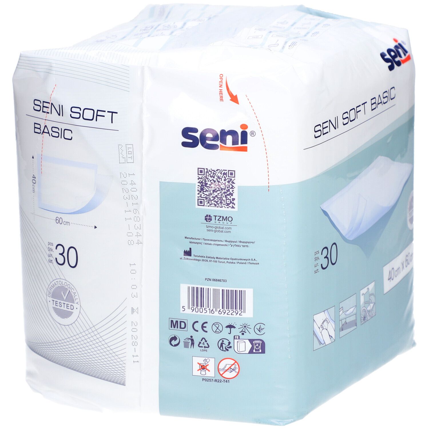 Verpackung Seni Soft Basic Krankenunterlagen. 30 Stück, 40 x 60 cm. Mit Logo, QR-Code und Zertifizierung.