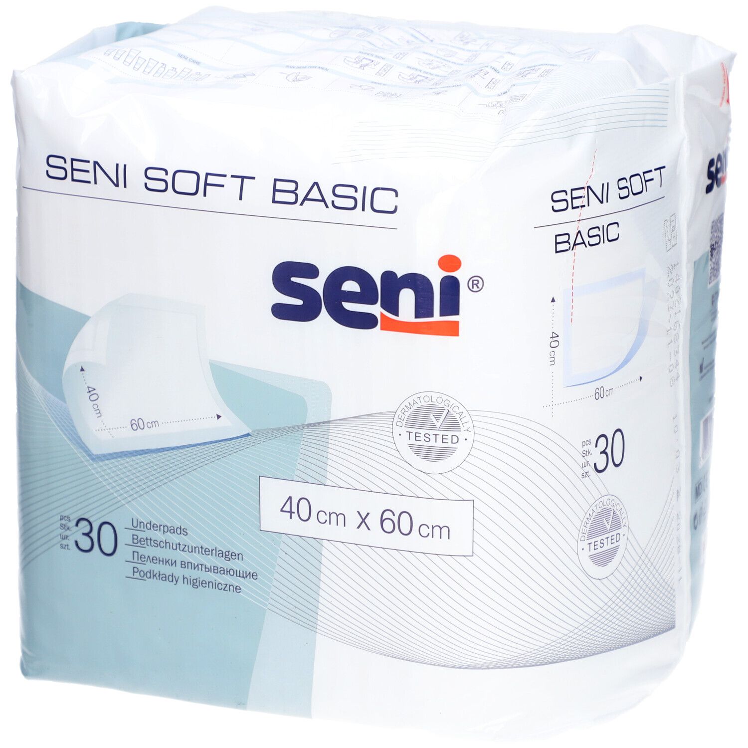 Verpackung Seni Soft Basic Krankenunterlagen. 30 Stück, 40 x 60 cm. Mit Logo und Zertifizierung.