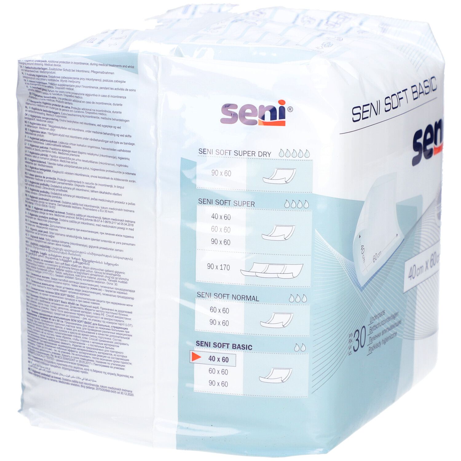 Verpackung Seni Soft Basic Krankenunterlagen. 30 Stück, 40 x 60 cm. Produktübersicht und Logo.