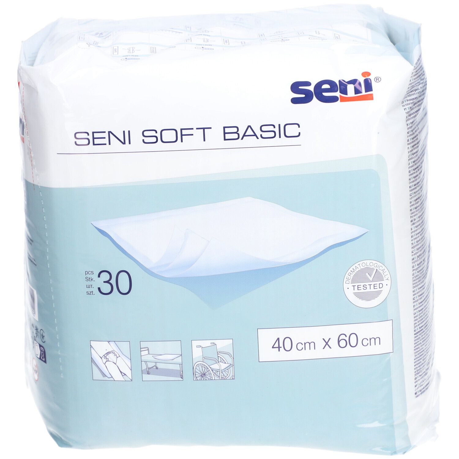 Verpackung Seni Soft Basic Krankenunterlagen. 30 Stück, 40 x 60 cm. Mit Logo und Zertifizierung.