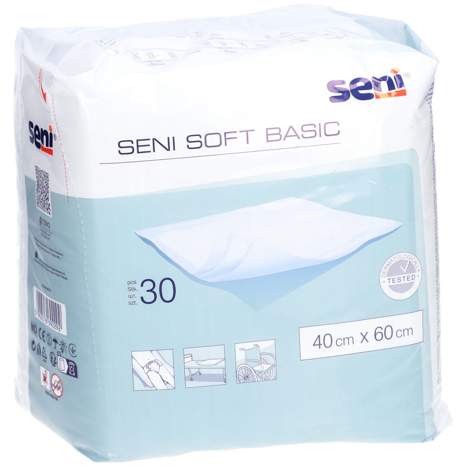 Verpackung Seni Soft Basic Krankenunterlagen. 30 Stück, 40 x 60 cm. Mit Logo und Zertifizierung.