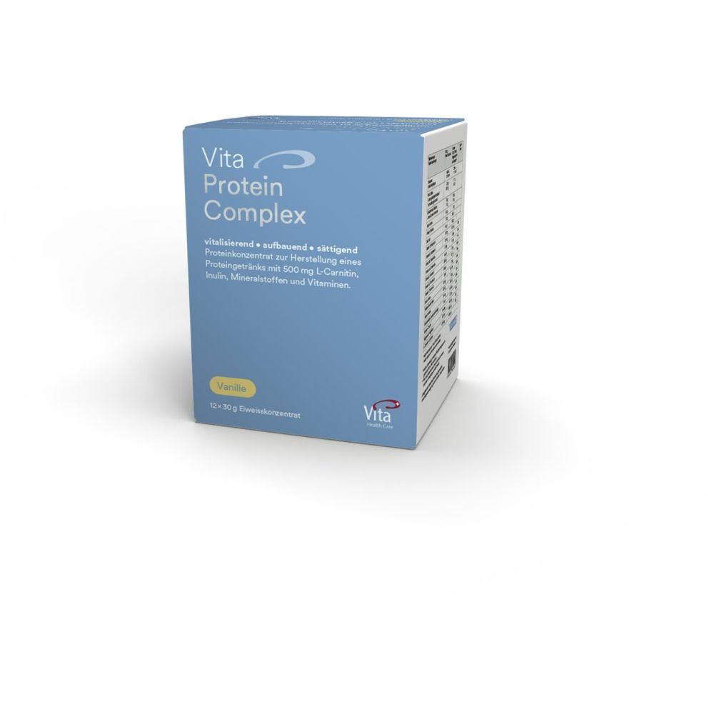Hellblaue Schachtel mit "Vita Protein Complex"-Logo und "Vanille"-Aufdruck. Enthält 12 Beutel.