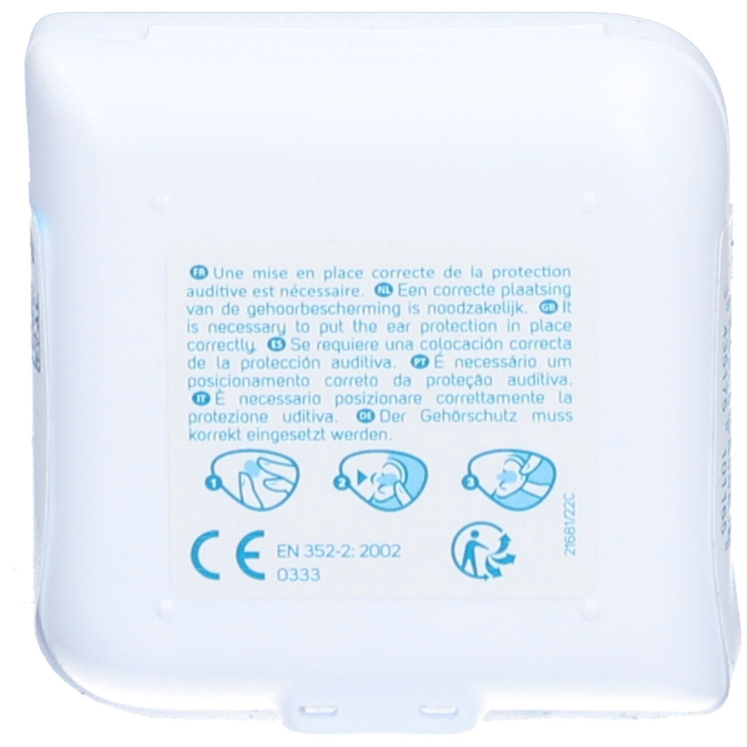 Rückseite der Verpackung mit Anweisungen und CE-Kennzeichnung. Piktogramme zeigen die korrekte Anwendung. Text: EN 352-2:2002, 0333.