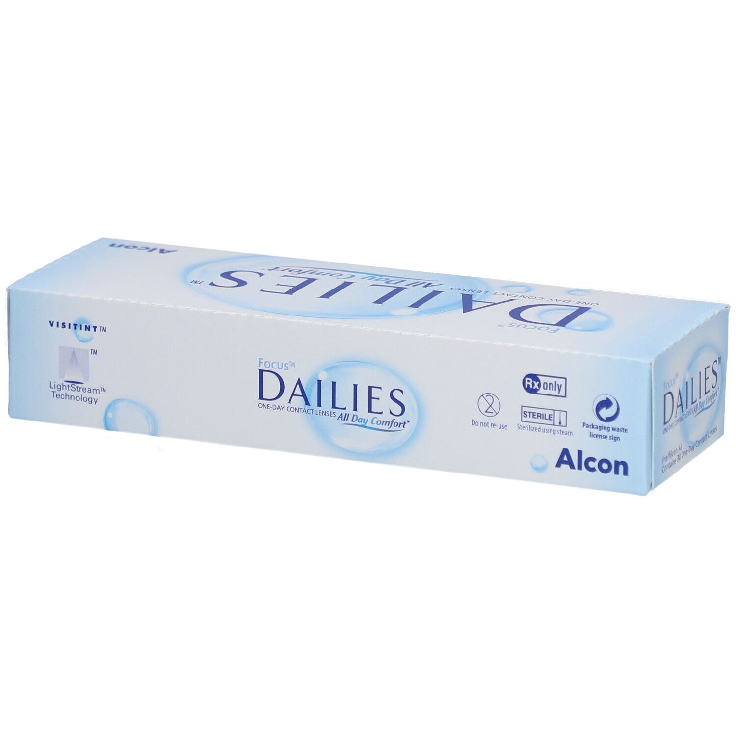 Hellblaue Schachtel mit DAILIES und FOCUS. Visiteye-Technologie. Alcon-Logo. Sterile Kontaktlinsen.
