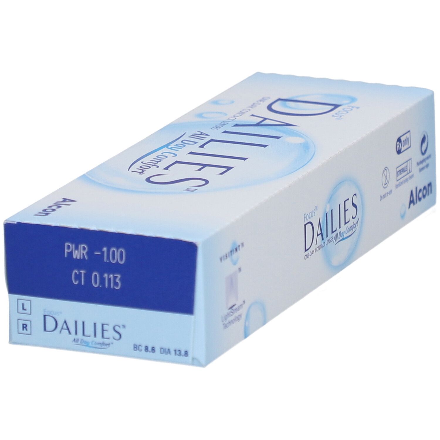 Hellblaue Schachtel mit DAILIES und FOCUS. PWR -1.00, CT 0.113. Alcon-Logo. Kontaktlinsen.