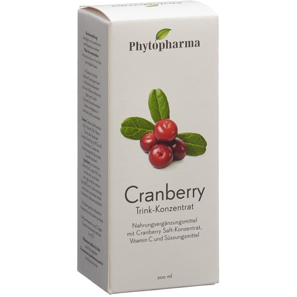 Weißer Karton mit Produktabbildung und Schriftzug. Cranberry-Konzentrat, Marke Phytopharma. 200 ml.