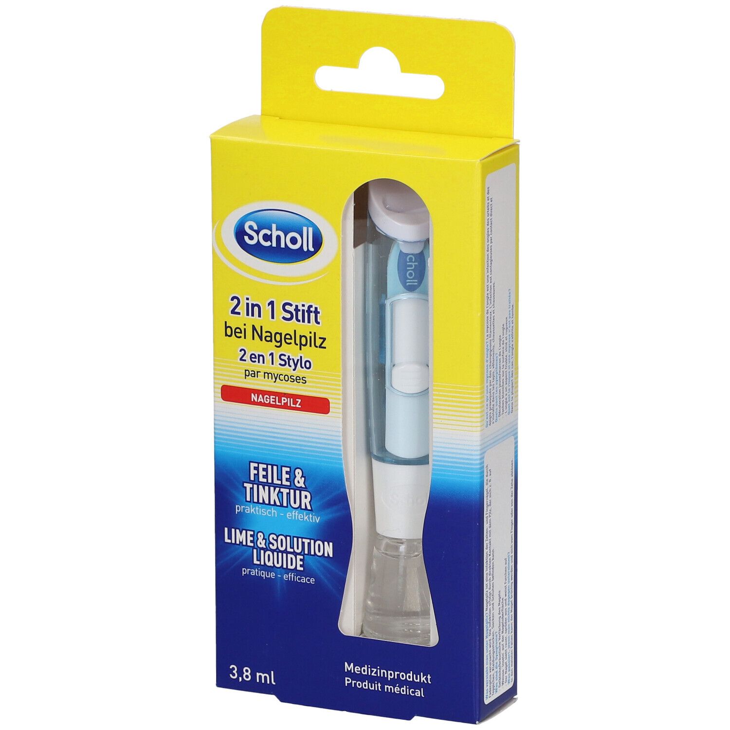 Scholl 2 in 1 Stift, Feile & Tinktur. Medizinprodukt. Blaue und weiße Stift in gelber Verpackung. 3,8 ml.