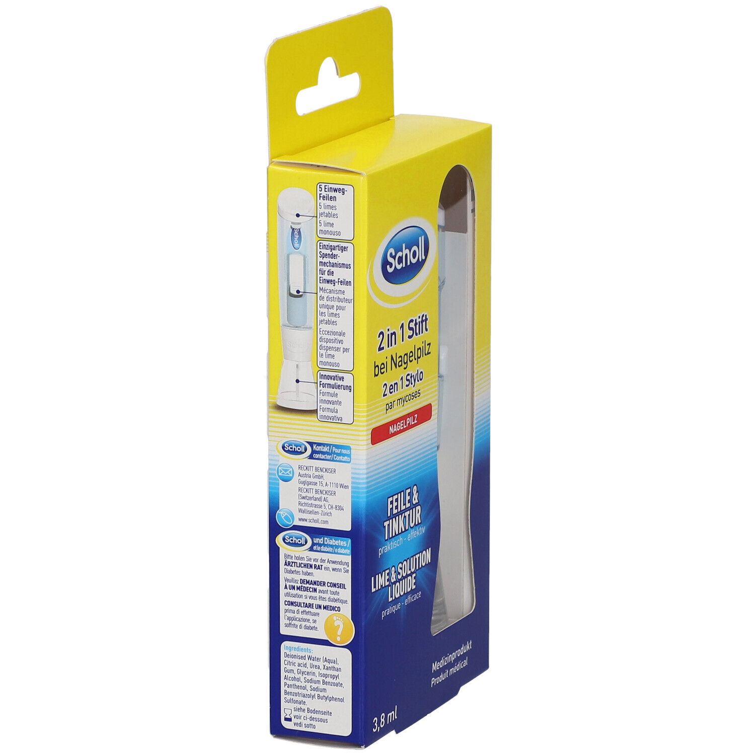 Scholl 2 in 1 Stift in gelber Verpackung. Produktansicht mit Produktinformationen und Gebrauchsanweisung. 3,8 ml.