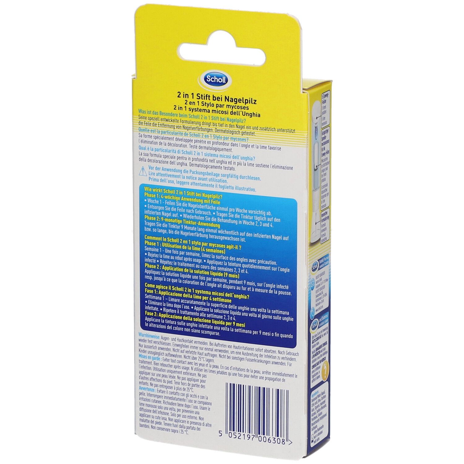 Rückseite der Scholl 2 in 1 Stift Verpackung. Produktinformationen, Gebrauchsanweisung und Inhaltsstoffe. 3,8 ml.