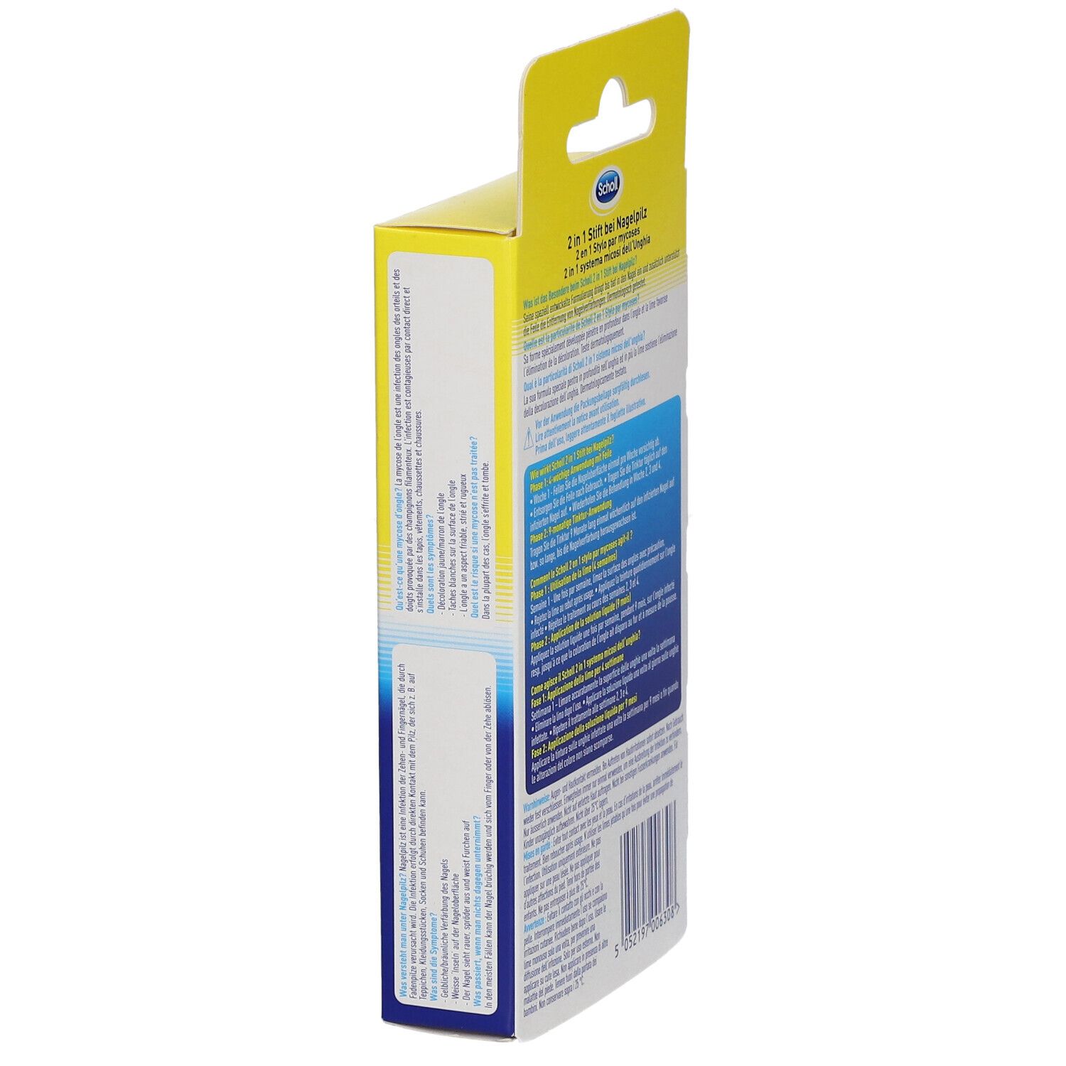 Seitenansicht der Scholl 2 in 1 Stift Verpackung. Produktinformationen und Barcode. 3,8 ml.