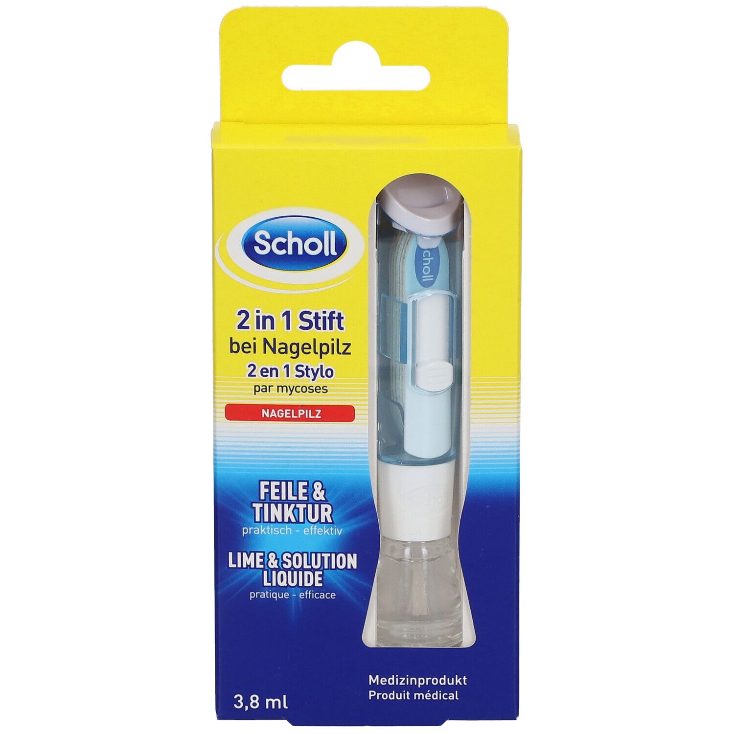 Scholl 2 in 1 Stift, Feile & Tinktur. Medizinprodukt. Blaue und weiße Stift in gelber Verpackung. 3,8 ml.