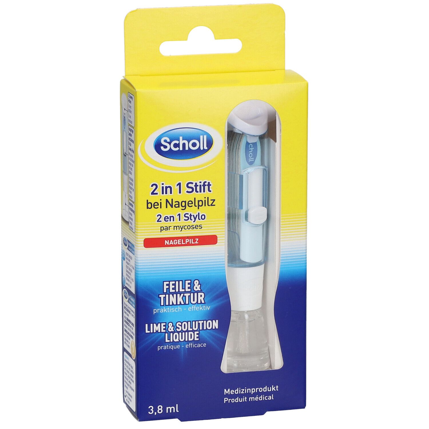 Scholl 2 in 1 Stift, Feile & Tinktur. Medizinprodukt. Blaue und weiße Stift in gelber Verpackung. 3,8 ml.