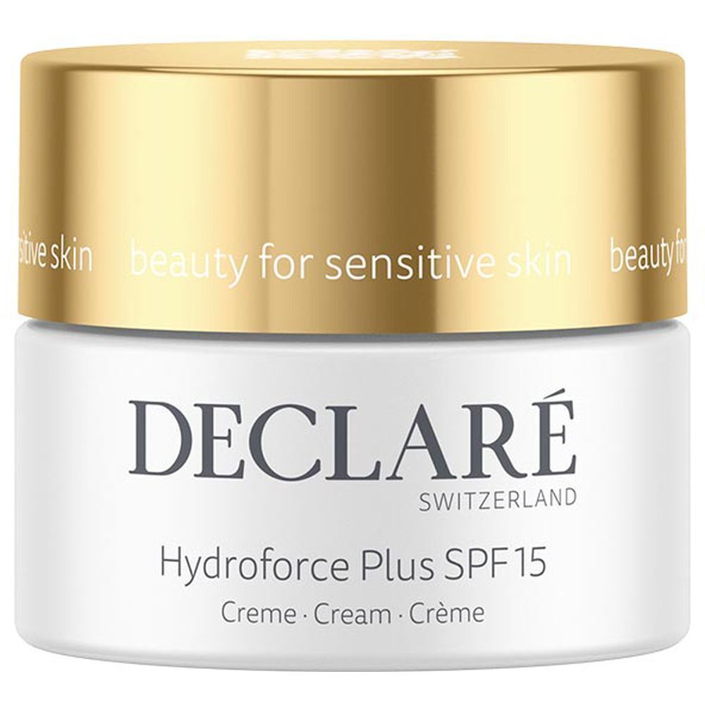 Creme-Tiegel mit goldfarbenem Deckel. Aufschrift: DECLARÉ, Hydroforce Plus SPF15. Creme, Cream, Crème.