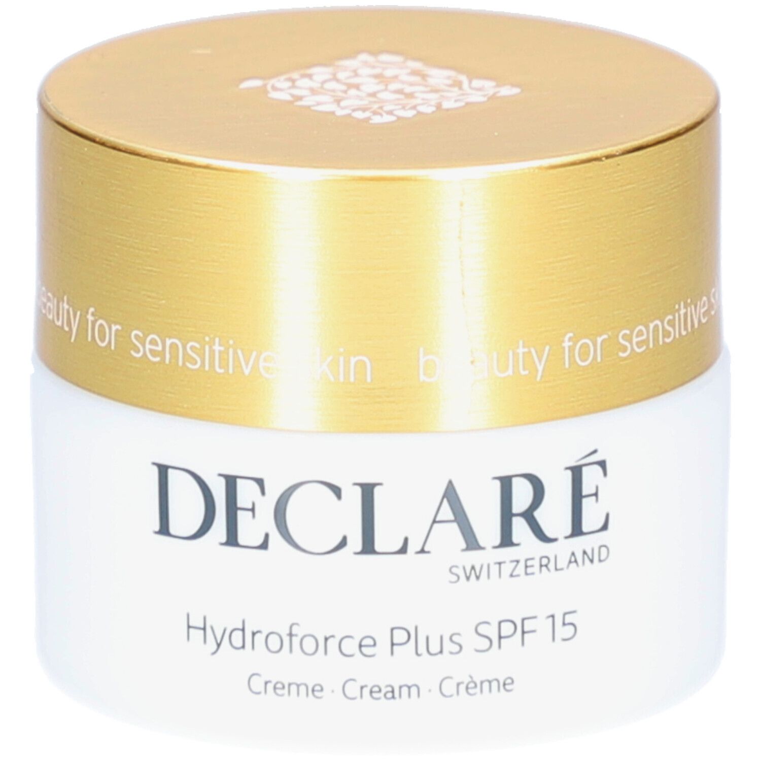 Creme-Tiegel mit goldenem Deckel. Aufschrift: DECLARÉ, Hydroforce Plus SPF15. Creme, Cream, Crème. Für empfindliche Haut.