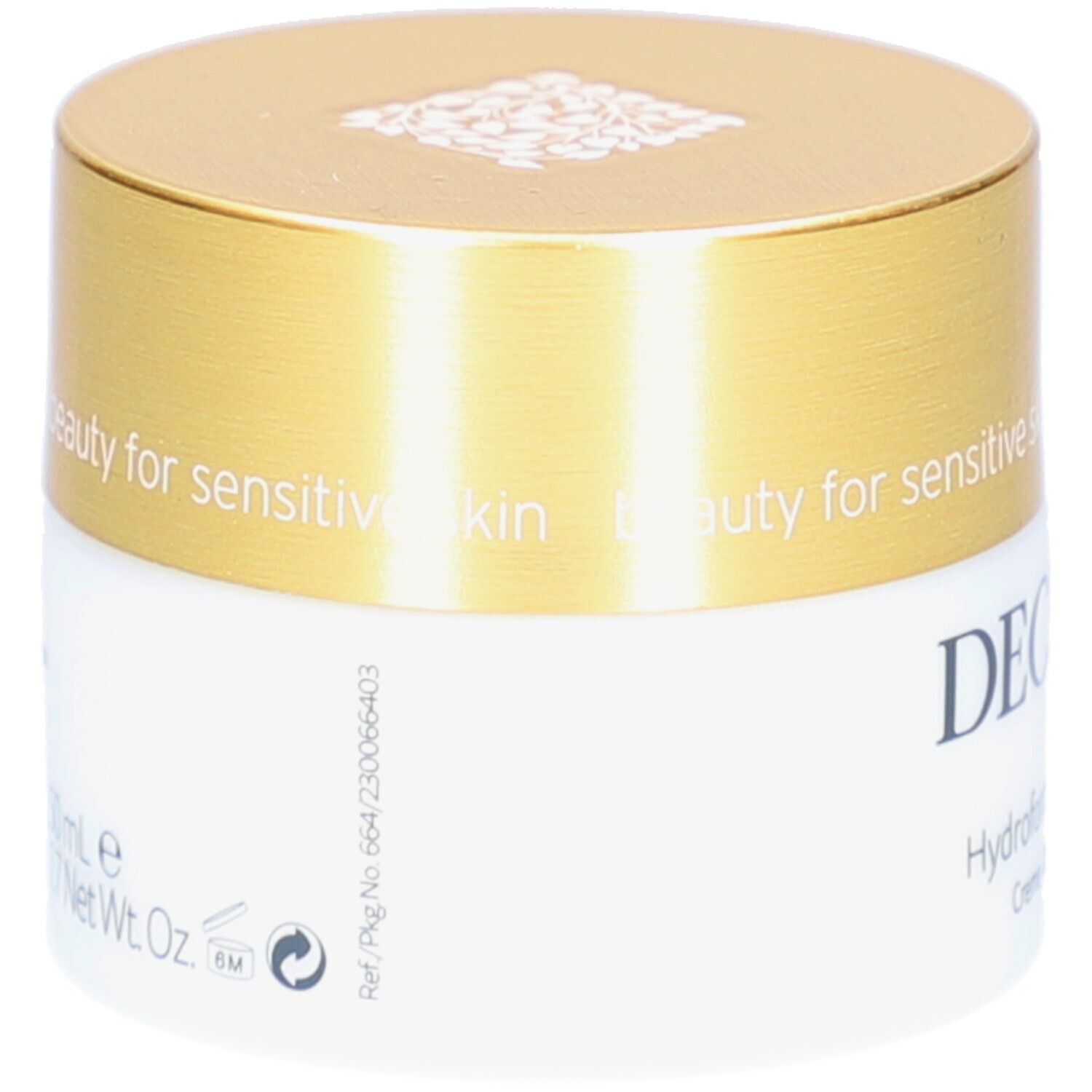 Creme-Tiegel mit goldenem Deckel. Aufschrift: DECLARÉ. Auf der Rückseite: Informationen und Symbole. Für empfindliche Haut.