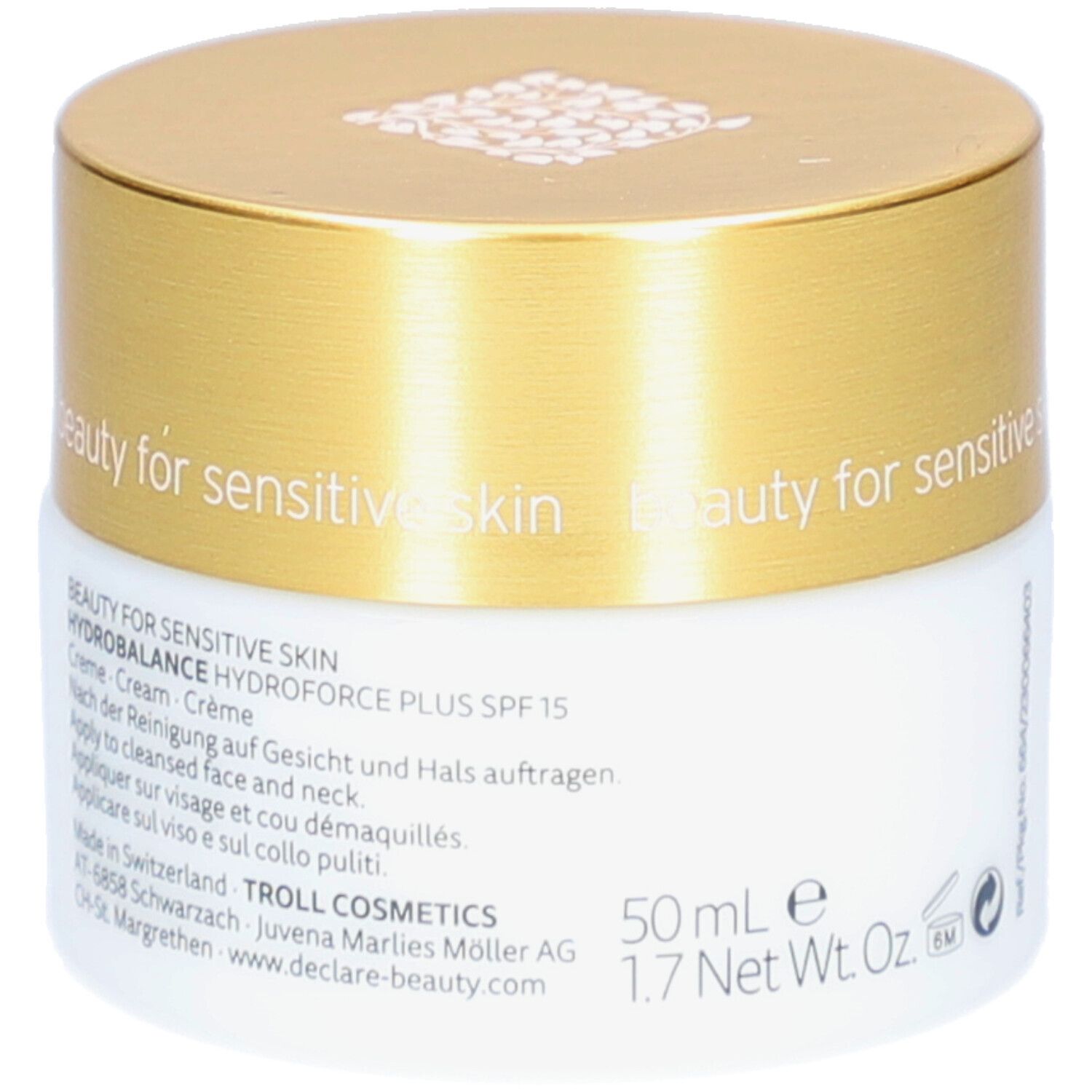 Creme-Tiegel mit goldenem Deckel. Aufschrift: DECLARÉ, Hydrobalance Hydroforce Plus SPF15. 50 ml. Für empfindliche Haut.