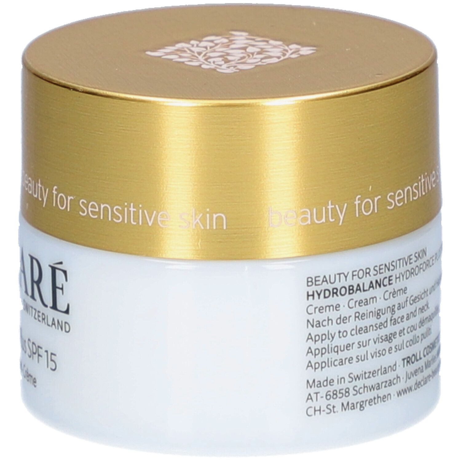 Creme-Tiegel mit goldenem Deckel. Aufschrift: DECLARÉ, Hydrobalance Hydroforce Plus SPF15. Für empfindliche Haut.