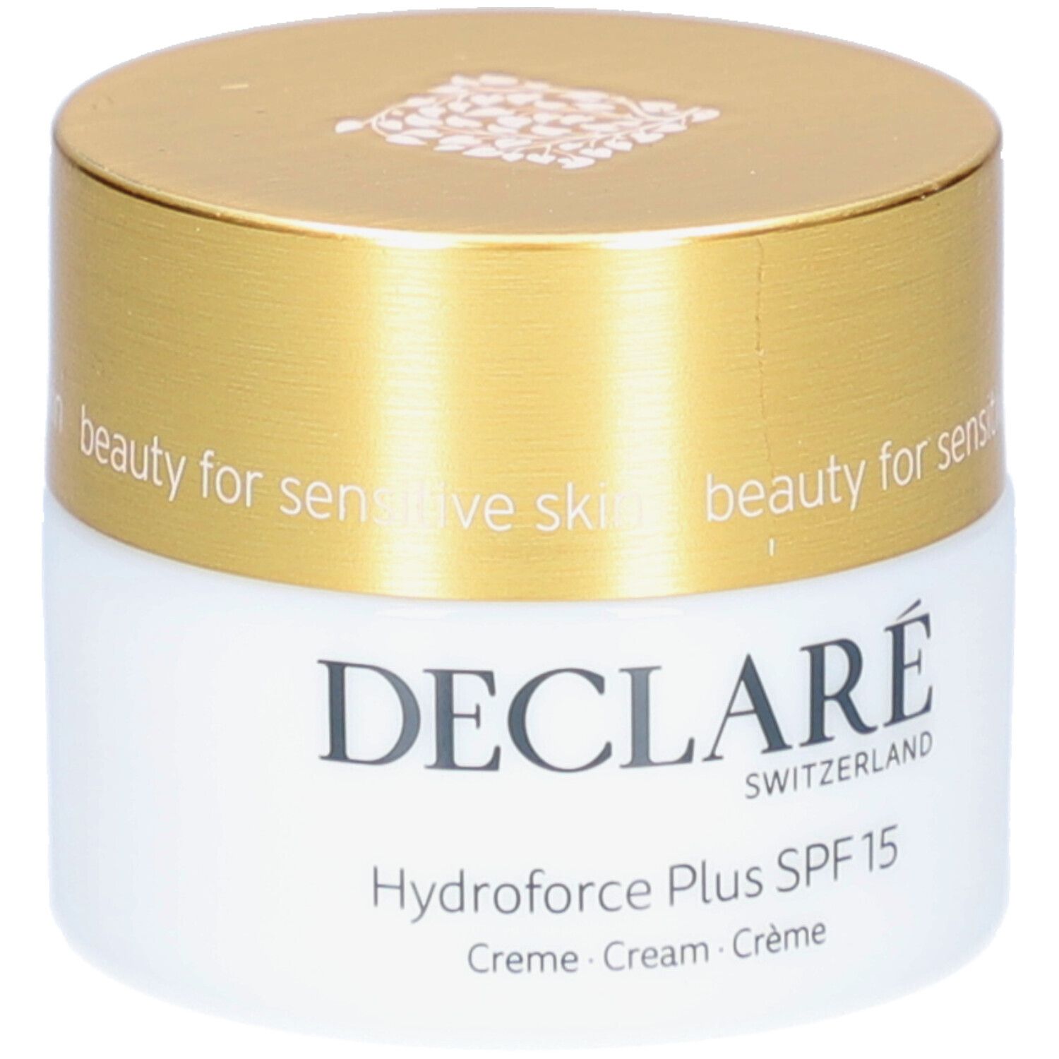 Creme-Tiegel mit goldenem Deckel. Aufschrift: DECLARÉ, Hydroforce Plus SPF15. Creme, Cream, Crème. Für empfindliche Haut.
