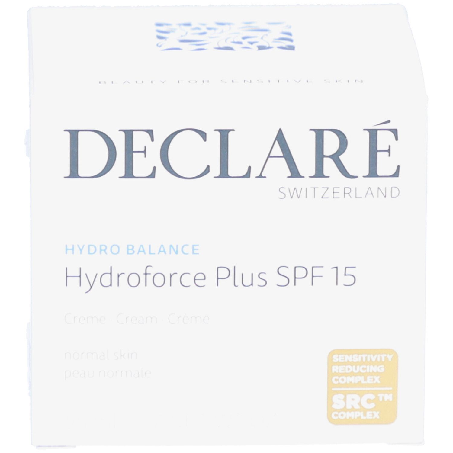 Schachtel mit Aufschrift: DECLARÉ, Hydrobalance Hydroforce Plus SPF15. Mit SRC-Komplex. Für normale Haut.