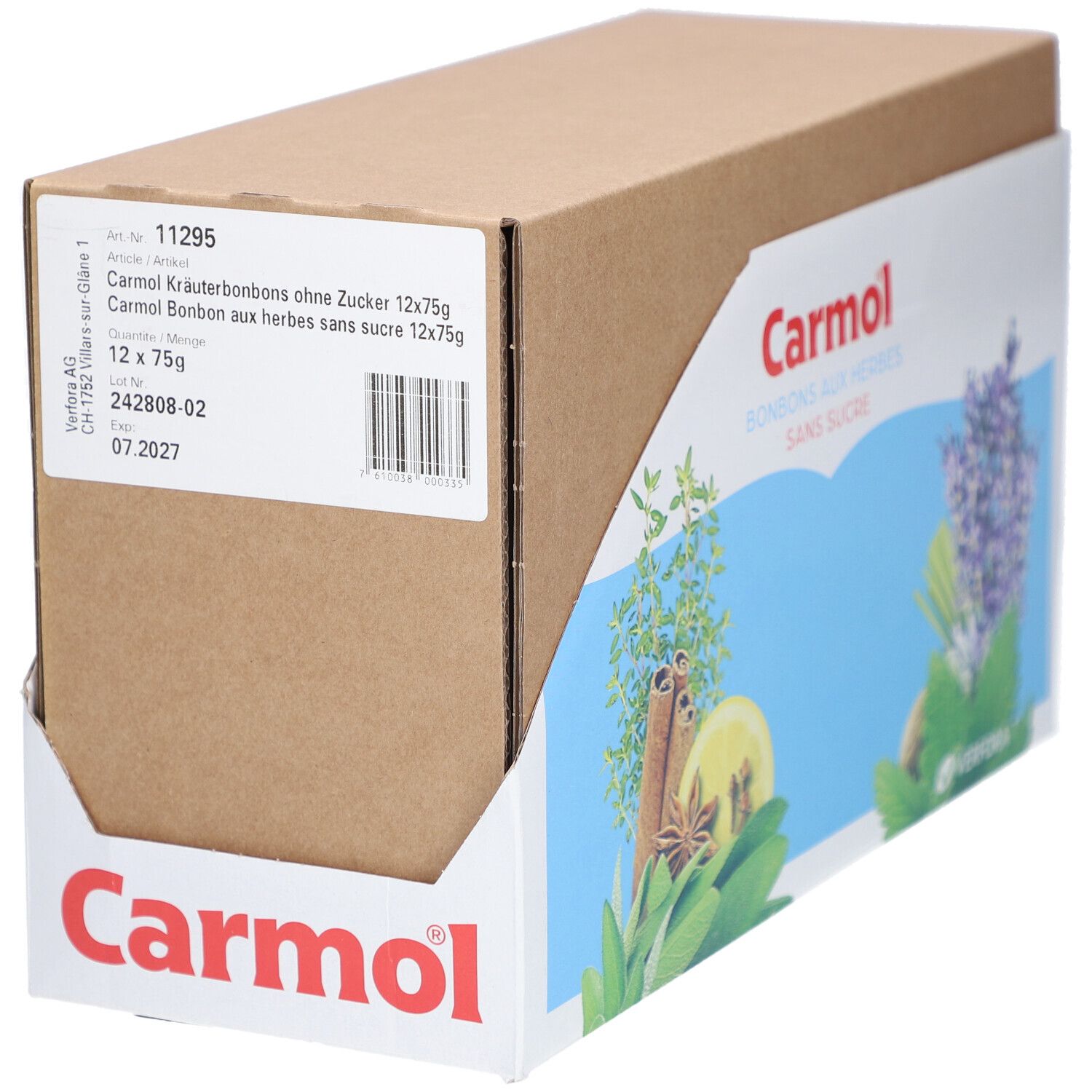 Karton mit Carmol Kräuterbonbons ohne Zucker. Aufdruck mit Produktnamen, Inhaltsstoffen und Logo.