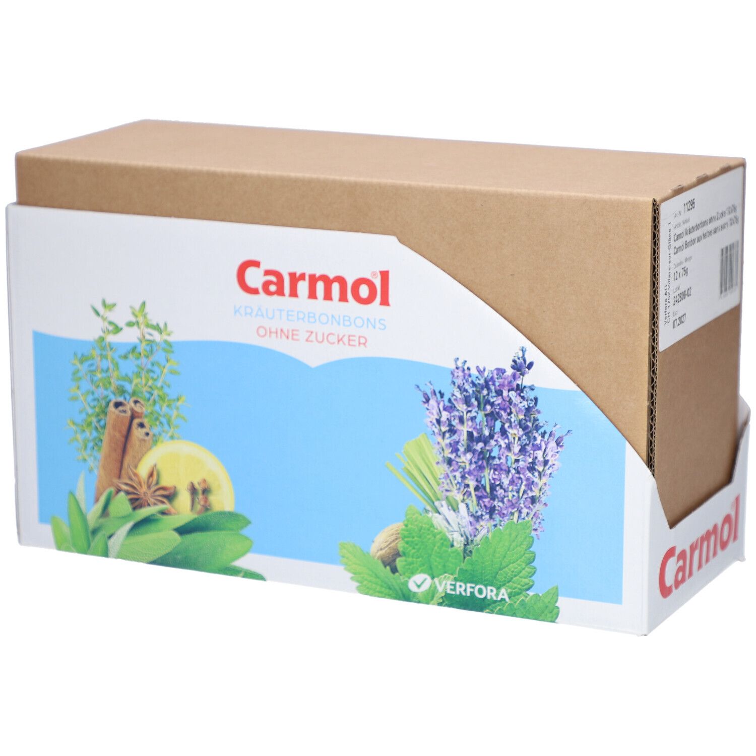 Karton mit Carmol Kräuterbonbons ohne Zucker. Logo und Produktabbildung auf der Verpackung.