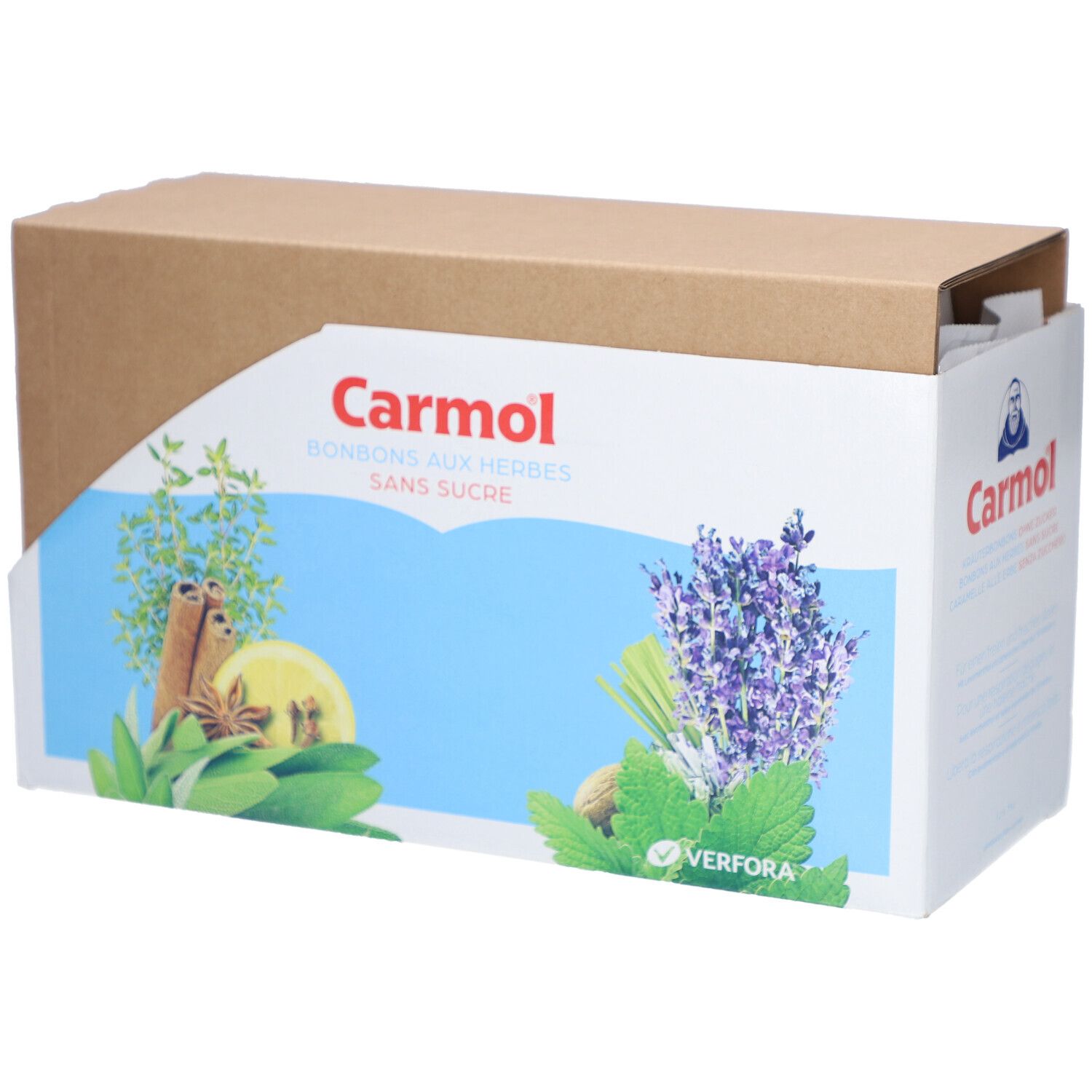 Karton mit Carmol Kräuterbonbons ohne Zucker. Logo und Produktabbildung auf der Verpackung.