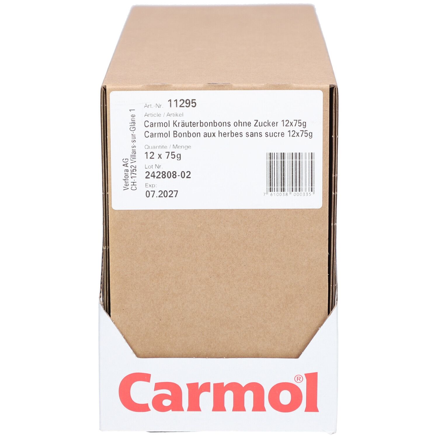 Karton mit Carmol Kräuterbonbons ohne Zucker. Aufdruck mit Produktnamen, Inhaltsstoffen und Logo.