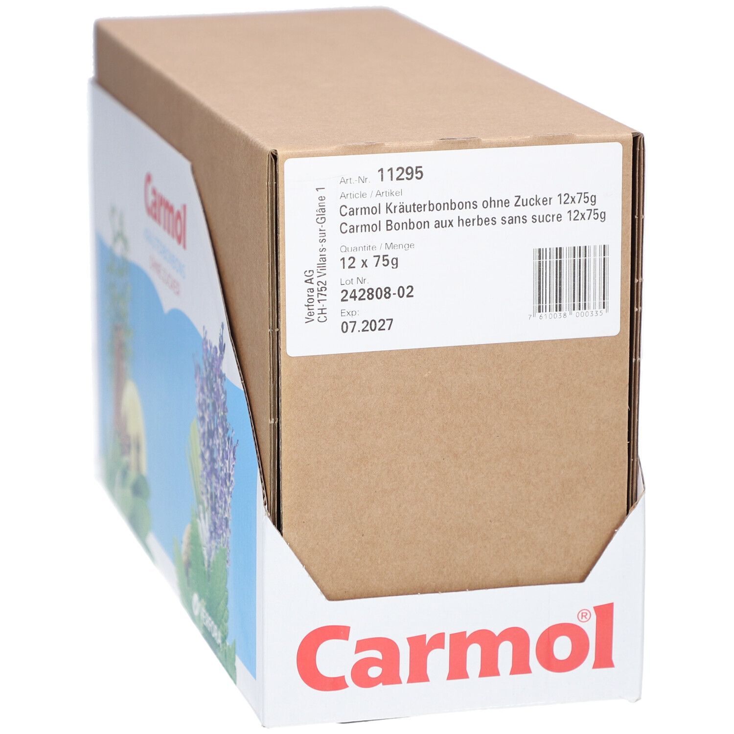 Karton mit Carmol Kräuterbonbons ohne Zucker. Aufdruck mit Produktnamen, Inhaltsstoffen und Logo.
