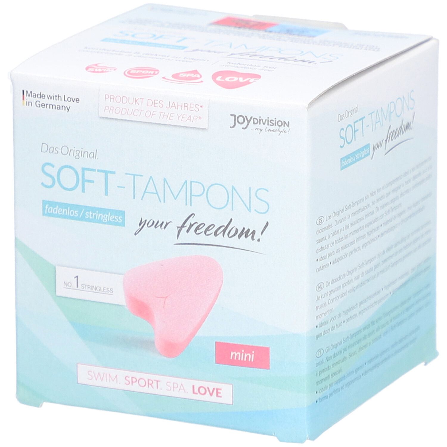 Verpackung mit Soft-Tampons. Rosa Tampon in Herzform. Aufschrift: Das Original SOFT-TAMPONS, mini. Mit Zertifizierung.