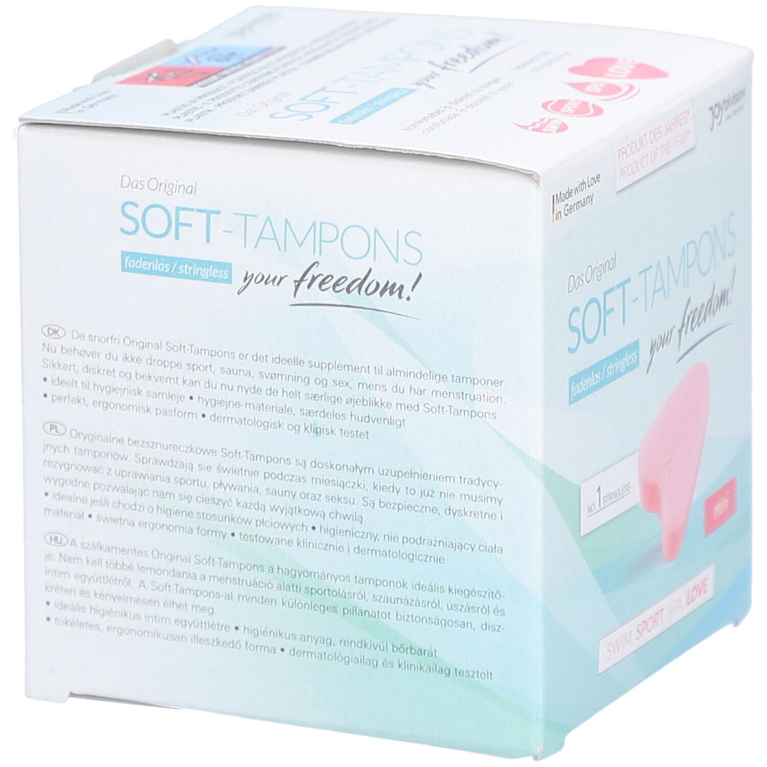 Verpackung mit Soft-Tampons. Rosa Tampon in Herzform. Text in mehreren Sprachen. Aufschrift: Das Original SOFT-TAMPONS.